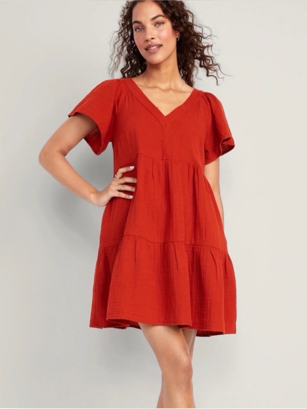 Old Navy Red V-Neck Flutter Sleeve Dress